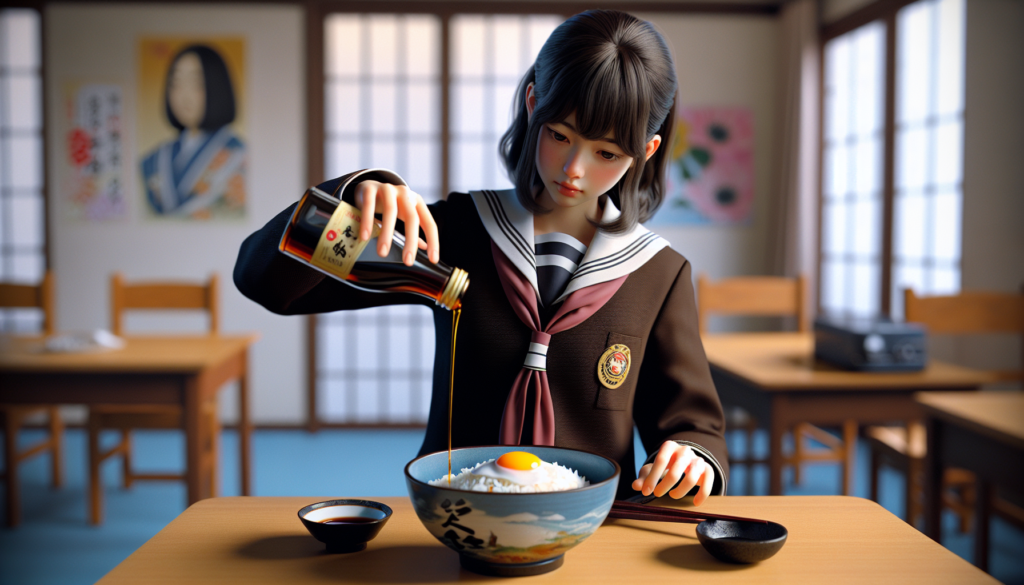 卵かけご飯に専用の醤油をかけている女子生徒